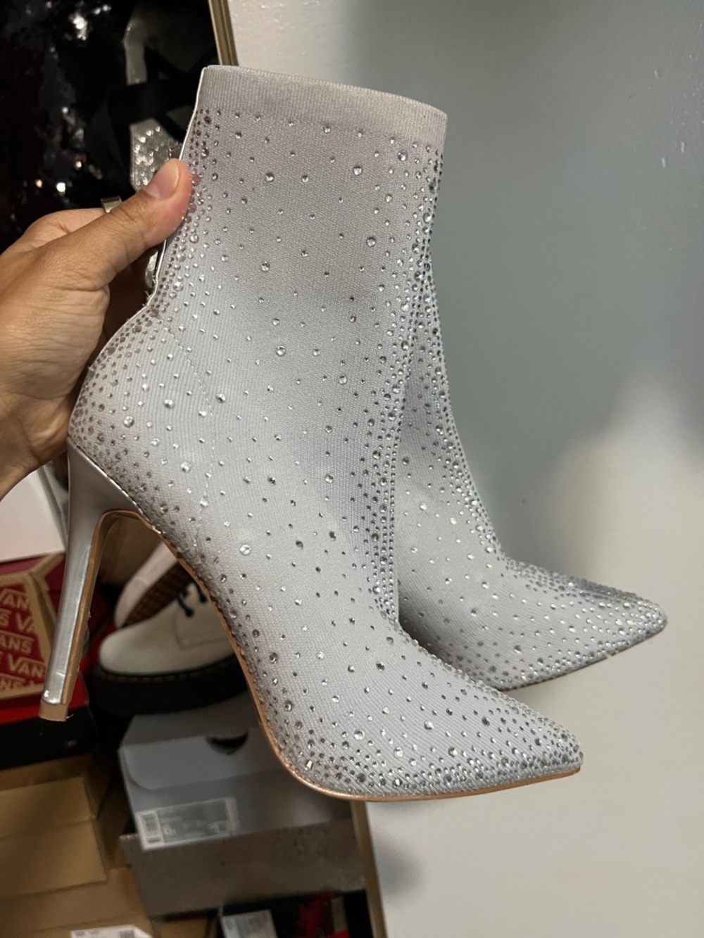 Women's Silver Rhinestone Stretch Sock Bootie Heels